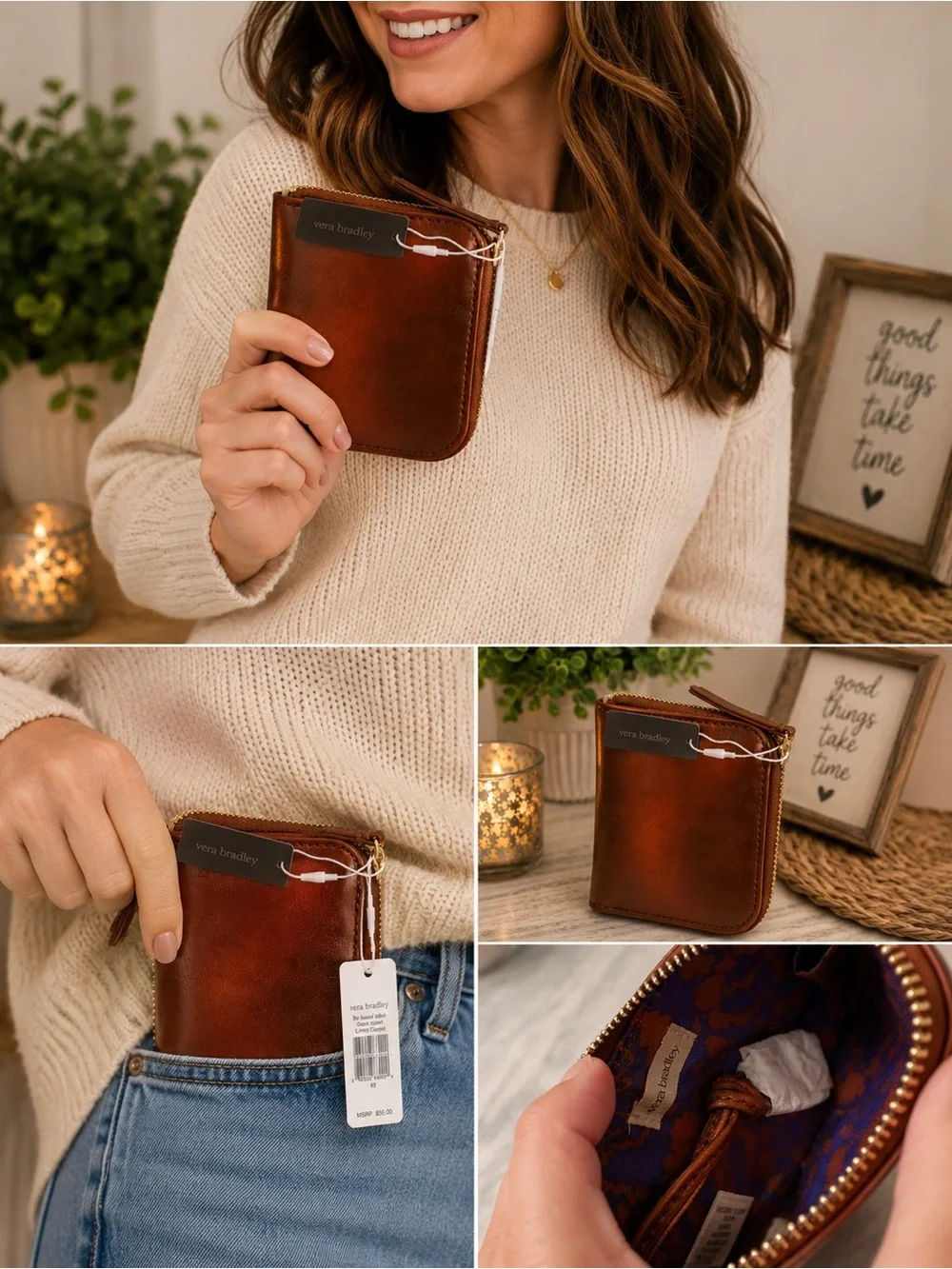 Vera Bradley Leather Zip Around Wallet Wristlet Brownze NWT